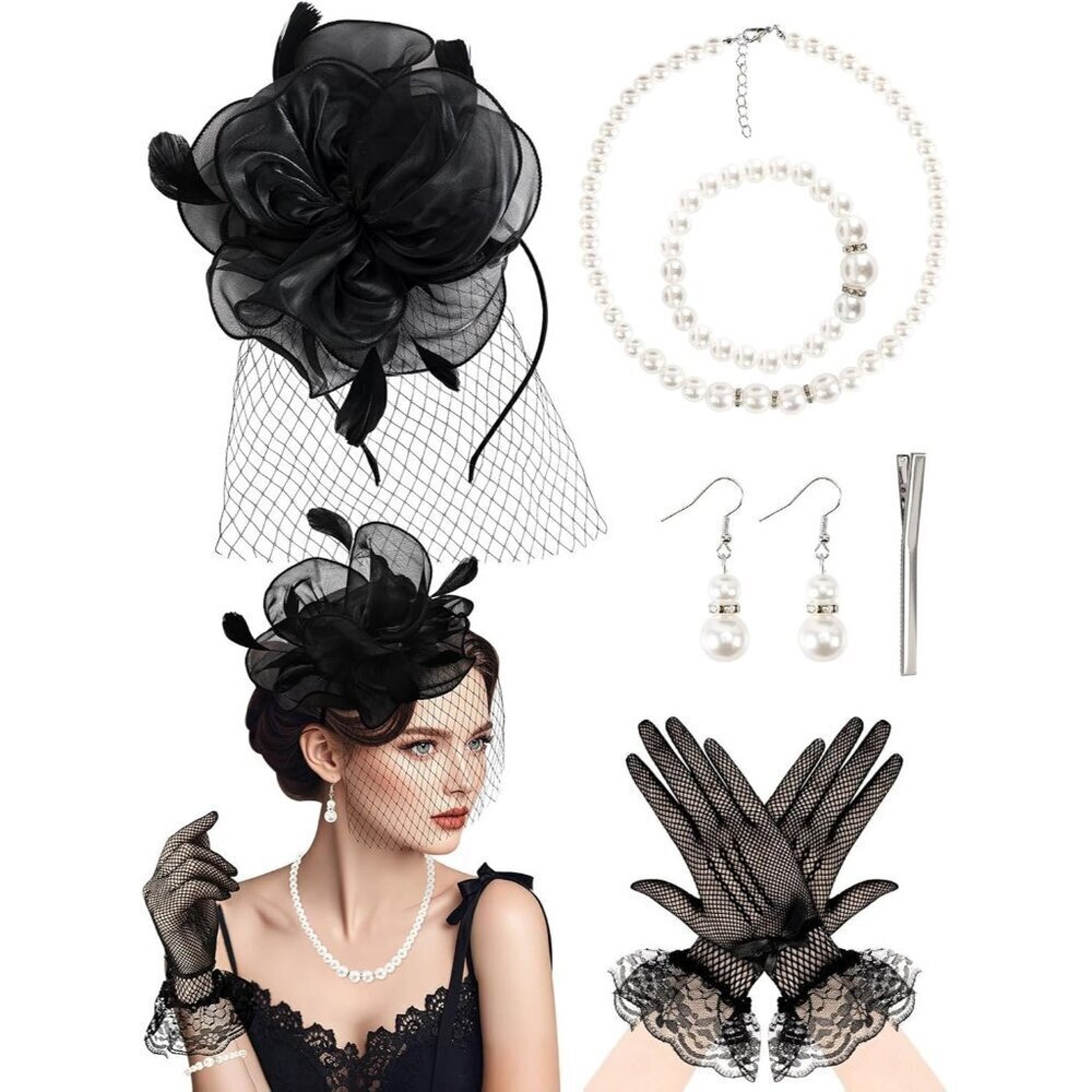 Women’s Elegant Tea Party Outfit Set Mesh Fascinator Lace Gloves Pearl Jewelry